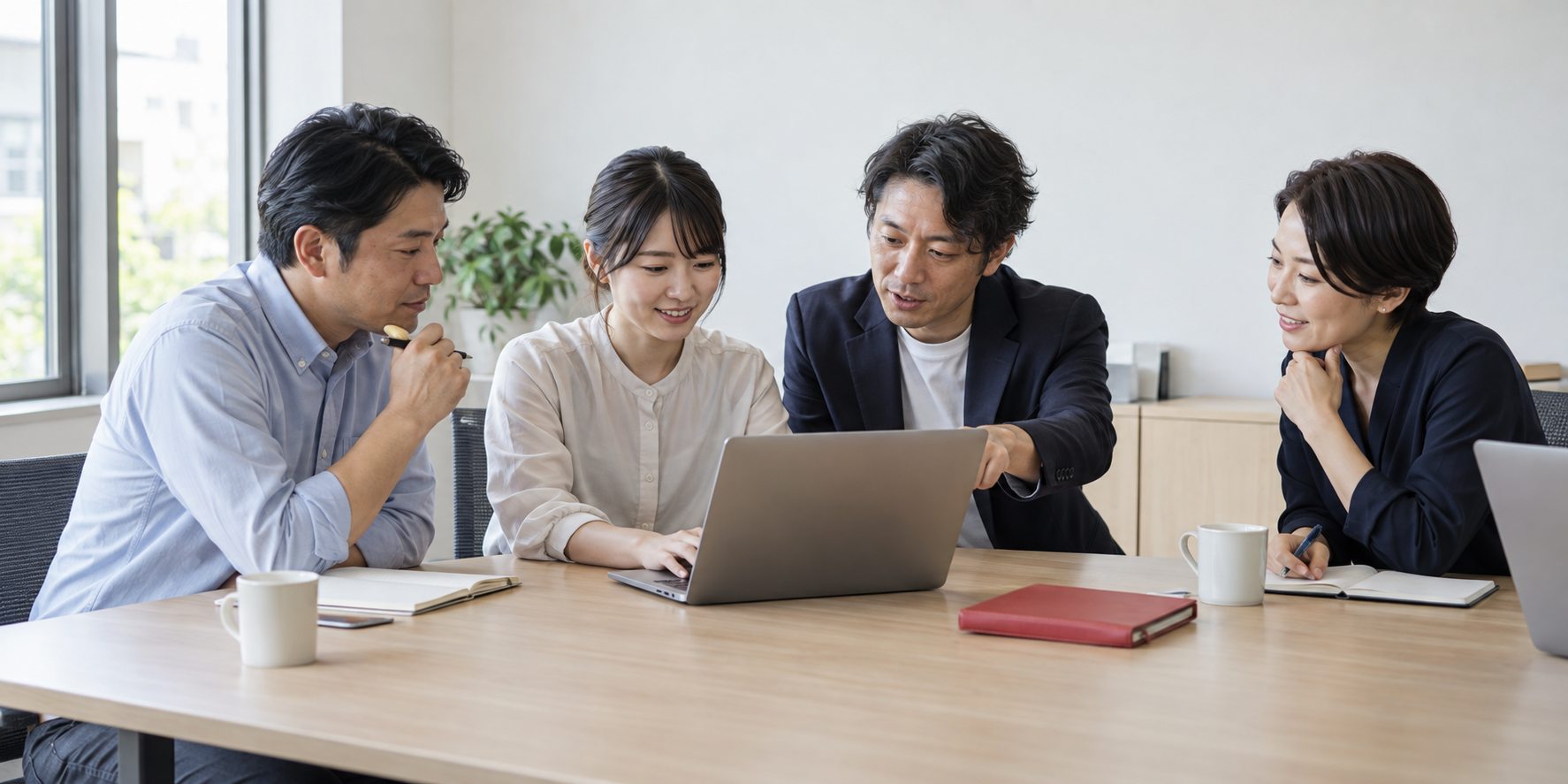 社内担当者と支援者が同じノートパソコンを囲み、AIによる業務改善を一緒に進める様子
