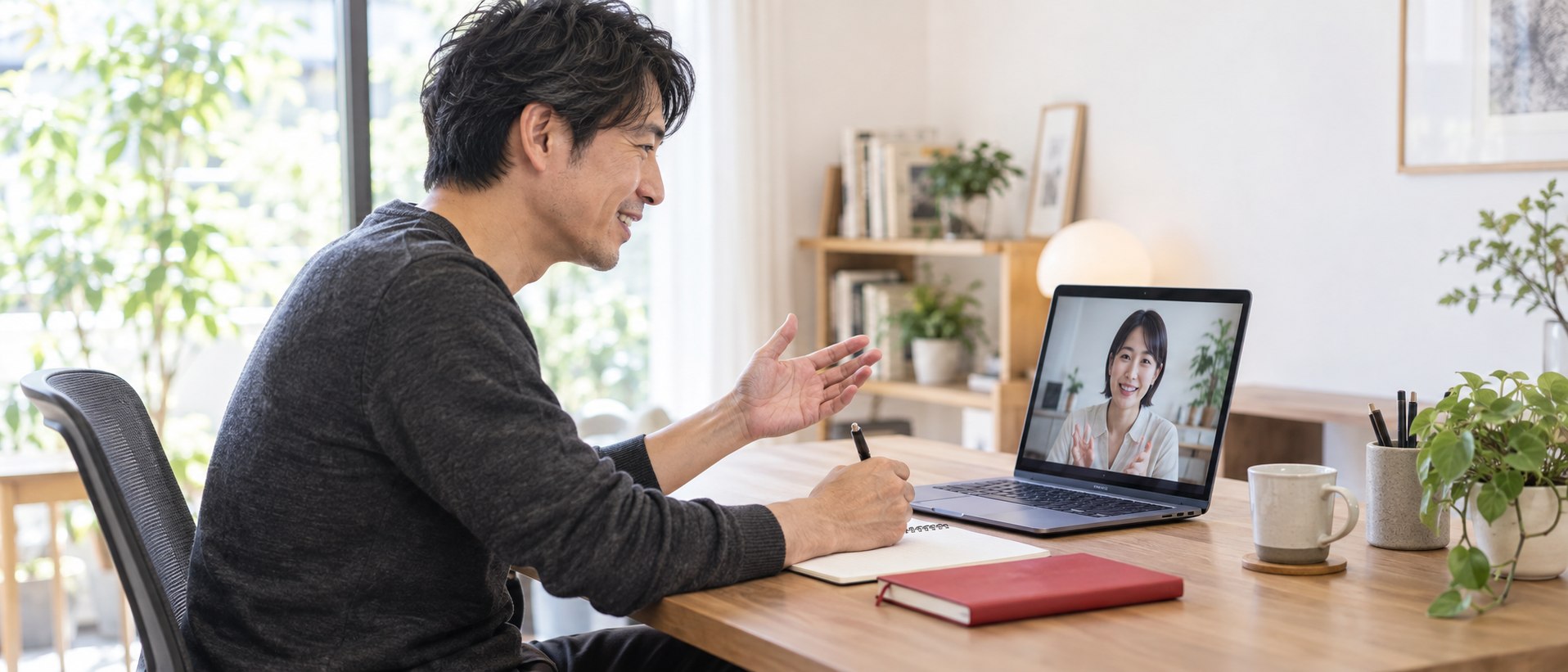 自宅のデスクでノートパソコンを使い、講師とオンラインで生成AI活用を相談する様子