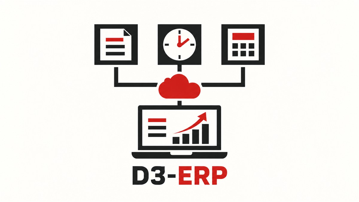 経営データの一元管理と成長を表すD3-ERPのシンボルイラスト