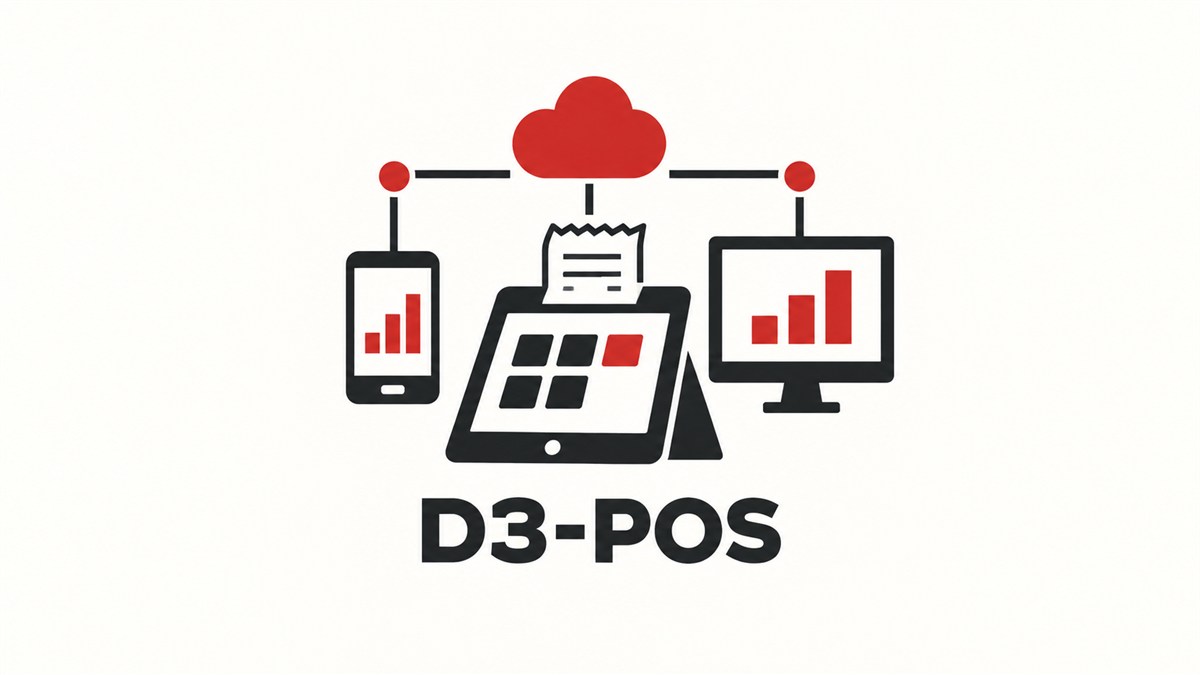 POSレジと売上データの連携を表すD3-POSのシンボルイラスト